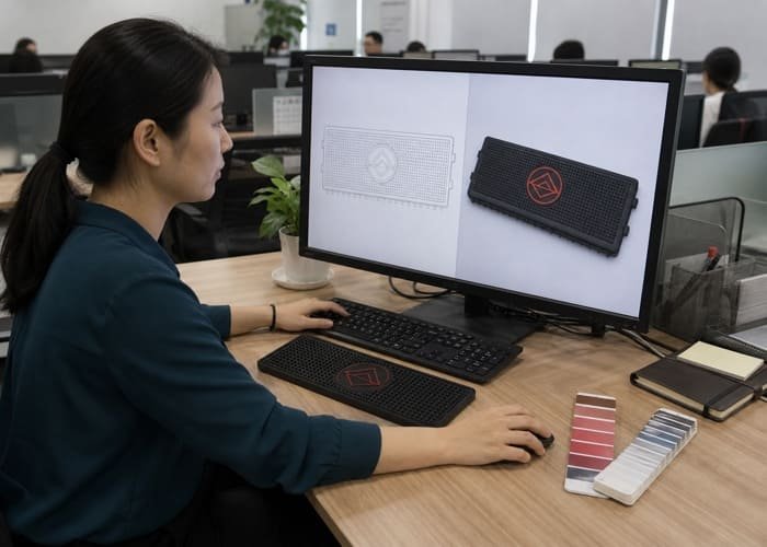 A computer screen showing a 2D design file next to a 3D rendering of the final bar mat, illustrating the design-to-production process.