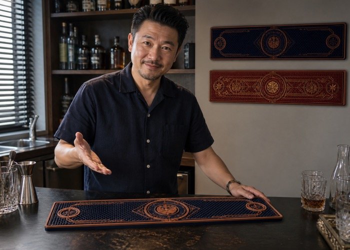 A man in his home bar proudly pointing to a limited-edition branded custom bar mat on his counter.