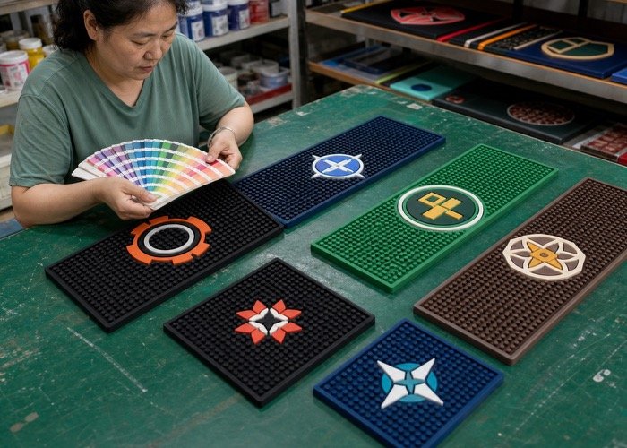 A collection of colorful custom-branded bar mats made from food-grade PVC.