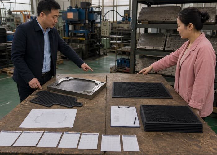 A comparison table graphic showing key differences between OEM and ODM for bar mats.