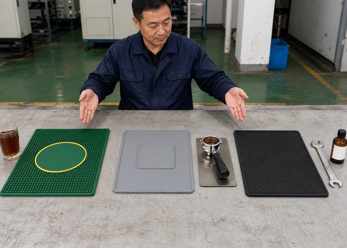 A side-by-side comparison of a food-grade PVC mat, a silicone mat, and a rubber mat.