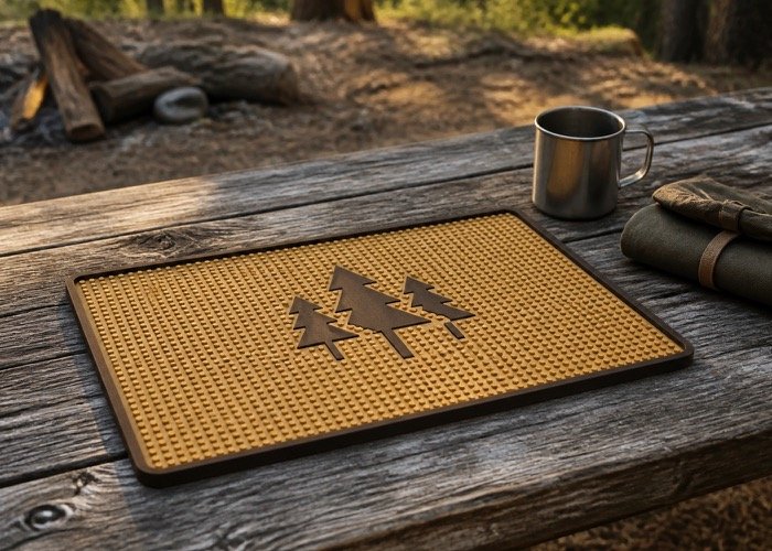 An outdoor-themed custom bar mat in a sandy yellow color, placed on a wooden table at a campsite