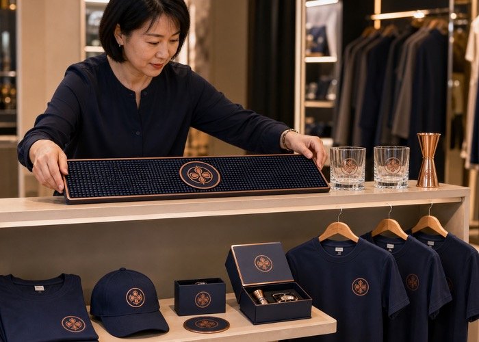A retail display in a brand's flagship store selling merchandise, including a custom bar mat, t-shirts, and glassware.