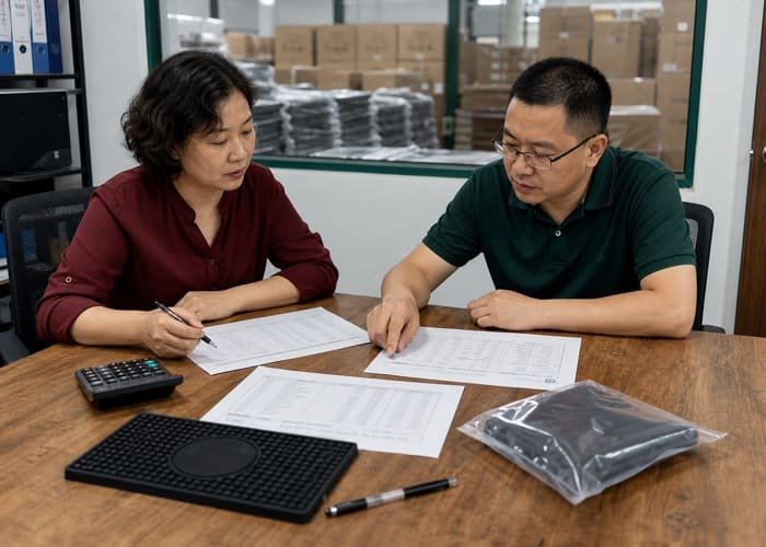 A person reviewing a manufacturing contract with a pen, focusing on the quality control and payment terms sections.