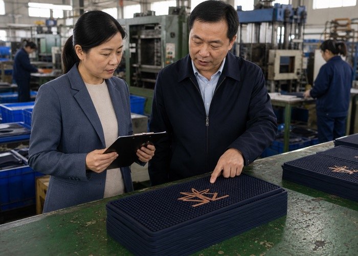 Two business professionals shaking hands across a meeting table that features a professional, high-quality custom bar mat with a company logo.