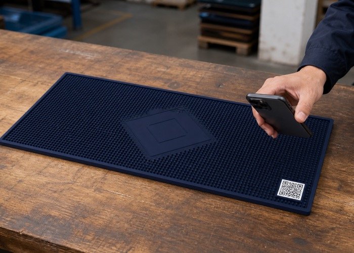 A custom bar mat with a small, discreet QR code in the corner
