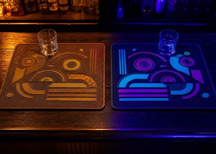 A split image showing a vintage-style brown leather-look bar mat on one side and a glowing UV neon bar mat on the other.