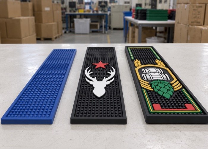 A collage of different custom bar mats showing variations in price and quality
