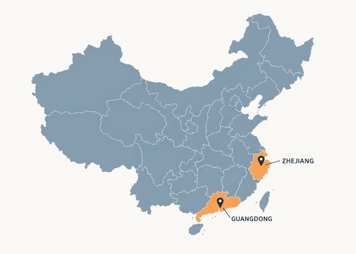 China's Bar Mat Manufacturing Regions A map of China highlighting the industrial clusters in Guangdong and Zhejiang for bar mat manufacturing.