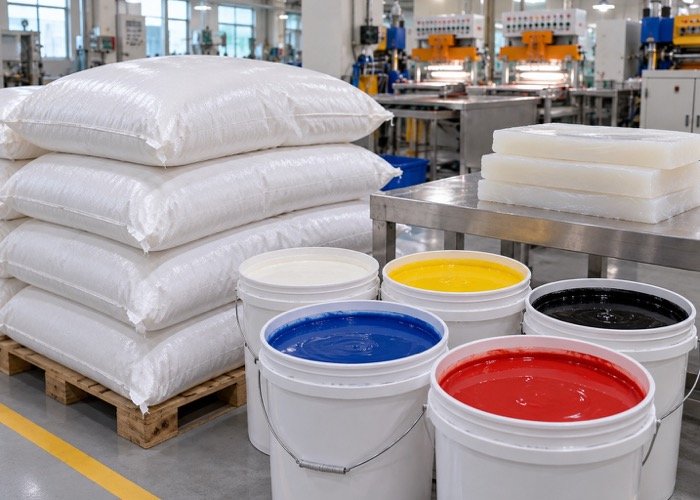 Stacks of raw PVC and silicone materials waiting for production