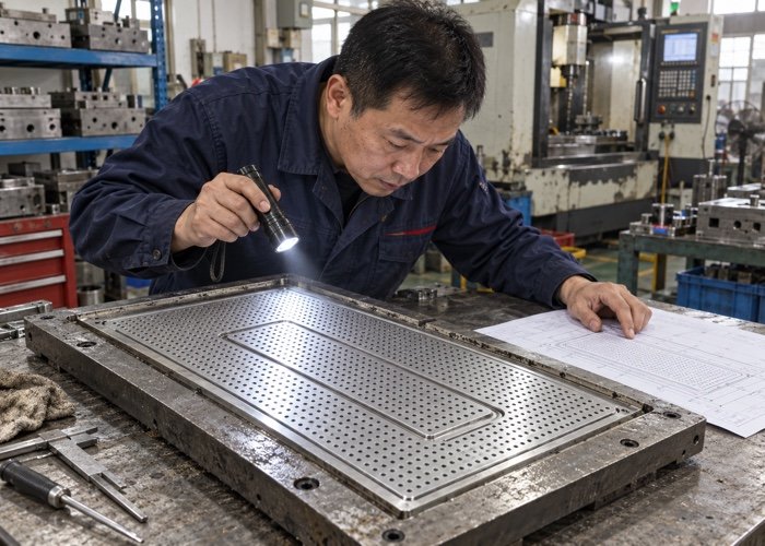 Bar Mat Mold Workshop An engineer inspecting a custom bar mat mold in the workshop of an original manufacturer of bar mat.