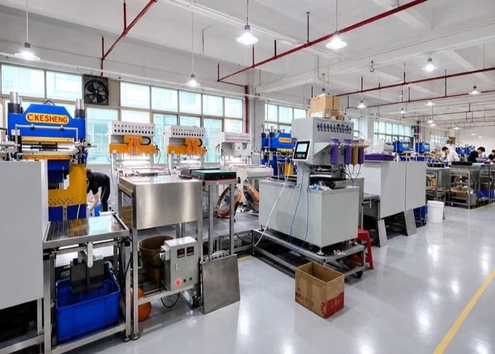 An image of the SuperfectCraft factory floor in Dongguan, China, showing machinery and workers involved in mat production.