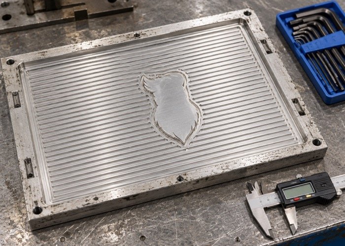A detailed close-up of a metal mold used for making custom PVC bar mats