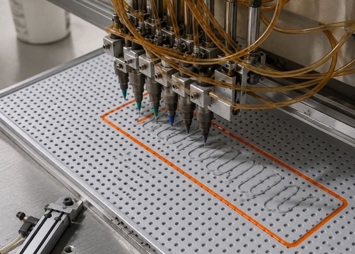 PVC Drip Molding Process A close-up of an automated PVC dispensing machine injecting liquid color into a bar mat mold.