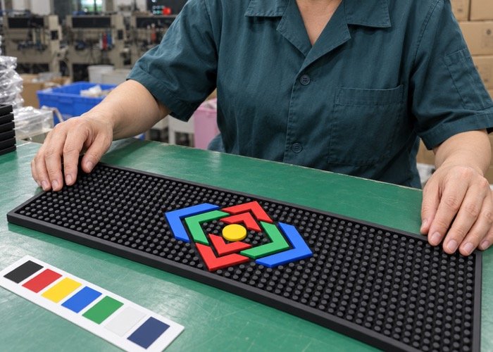 A very colorful and complex custom bar mat design being inspected