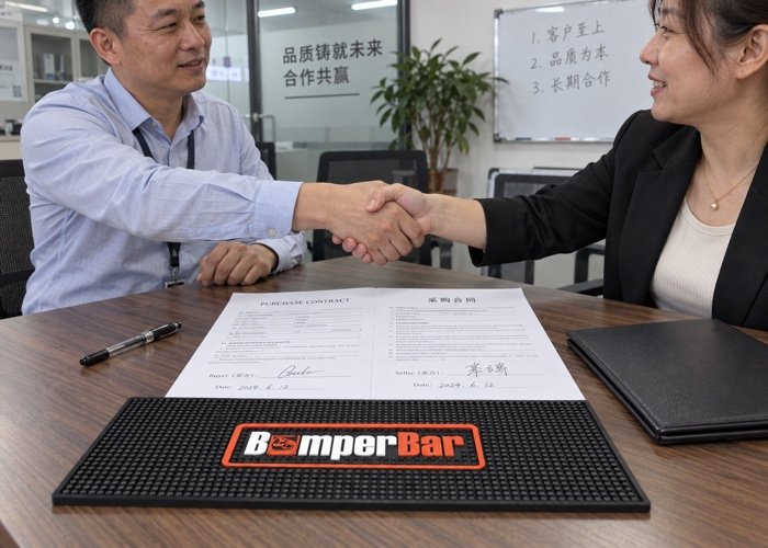 Two business professionals shaking hands over a signed purchase contract for a large order of custom mats.