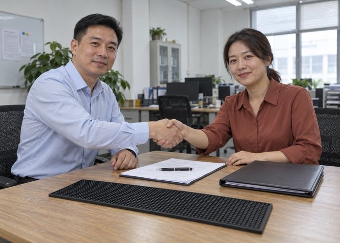 Signing an OEM Contract Two business professionals in suits shaking hands after signing an OEM manufacturing contract.