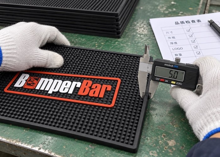 An inspector carefully measuring a custom bar mat with calipers during a pre-shipment quality control check in China.
