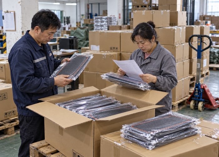 Warehouse workers unpacking and inspecting a recently arrived shipment of custom mats from China.