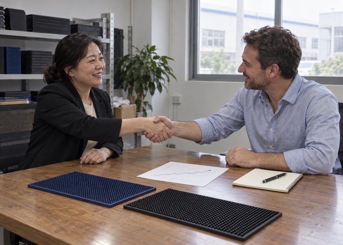 A graph showing positive growth and a handshake icon, symbolizing a successful long-term supplier relationship.